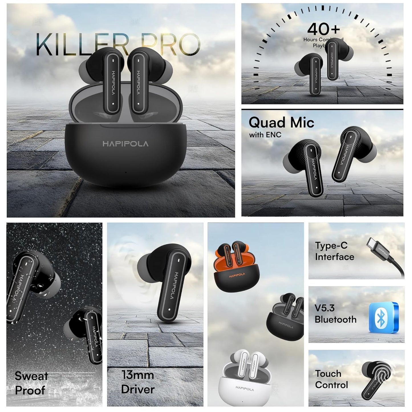 Hapi Pola Killer Pro Earbuds Active Noise Cancellation, 40+ Hours Playtime